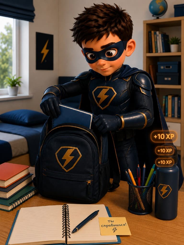 Мальчик собирает рюкзак в школу